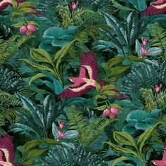 a green and pink wallpaper with lots of leaves, flowers and birds on it