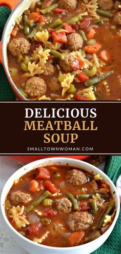 delicious meatball soup with noodles and vegetables in a white bowl