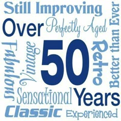 the 50 year anniversary word cloud is shown in blue and white, with an over - fifty