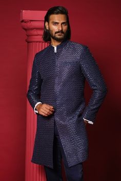 Navy blue bandhgala with embroidered french knot and cutpipes. Paired with a white cotton shirt and a navy blue plain trouser. - Aza Fashions Formal Blue Bandhgala With Cutdana Detailing, Blue Fitted Bandhgala With Cutdana Detail, Designer Blue Kurta For Formal Occasions, Elegant Blue Bandhgala For Festive Season, Elegant Blue Bandhgala For Festive Occasions, Elegant Blue Festive Bandhgala, Designer Blue Kurta For Semi-formal Occasions, Designer Blue Sherwani For Party, Formal Blue Bandhgala For Eid