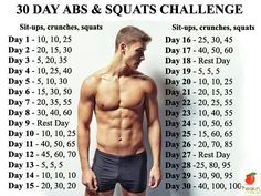 a man standing in front of a wall with his shirt off and the words 30 day abs & squats challenge on it