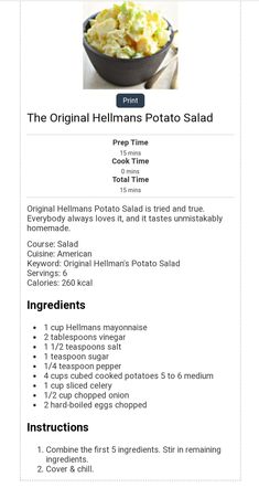 the original helmans potato salad recipe is shown on this page, with instructions to make it