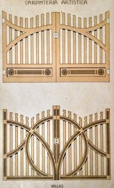 two drawings of wooden gates, one with arched top and the other with curved bottom