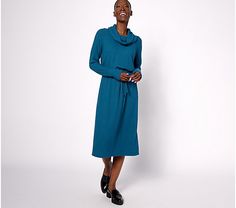 AnyBody Petite Rib Knit Cowl-Neck Dress - QVC.com Non-stretch V-neck Sweater Dress For Winter, Winter Ribbed A-line Sweater Dress, Chic V-neck Stretch Sweater Dress, Non-stretch Long Sleeve Sweater Dress, A-line Stretch Sweater Dress, Knit Dresses, Cowl Neck Dress, Knit Cowl, At The Top