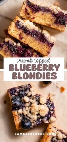 blueberry crumb topped blondies are stacked on top of each other with the text below