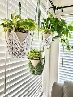 three hanging planters with plants in them