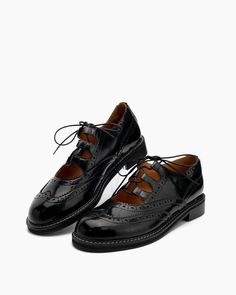 Lace-up-Wingtip-Perforated-Leather-Oxfords-Loafers Black Patent Leather Lace-up Shoes For Fall, Black Lace-up Shoes For Business In Spring, Black Lace-up Shoes For Office In Spring, Classic Black Low Heel Lace-up Shoes, Black Lace-up Business Shoes For Spring, Black Lace-up Shoes For Business Spring Season, Black Dress Shoes With Leather Sole For Spring, Black Leather Dress Shoes For Spring, Leather Flat Lace-up Shoes With Brogue Detailing