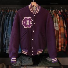 "Vintage 50s Cherry hill Varsity Jacket Wool body and sleeves Felt Applique front patch Chain stitch on the back Fits Size Small -Chest: 20.5\" (pit to pit) -Length: 24.5\" (top of shoulder to bottom hem) -Sleeve: 32\" In good vintage condition" Fitted Retro Cotton Varsity Jacket, Vintage College Outerwear With Pockets, Vintage Outerwear With Pockets For College, Vintage Winter Outerwear With Baseball Collar, Vintage Cotton Outerwear With Baseball Collar, Vintage Purple Cotton Outerwear, Vintage Purple Outerwear For Fall, Cherry Hill, Felt Applique