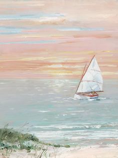 a painting of a sailboat in the ocean at sunset with pink and orange clouds