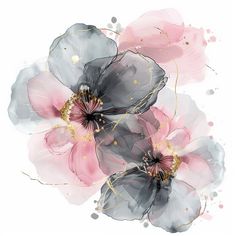 three pink and grey flowers with gold accents on a white background, watercolor painting