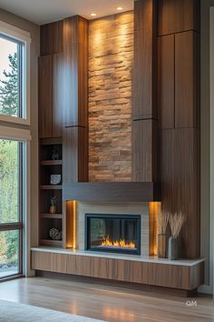 a living room with a fire place and large windows