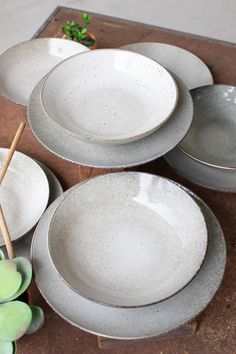 a table topped with plates and bowls next to succulents