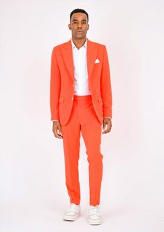 This unique and bold suit is constructed from a premium orange stretch cotton fabric - you'll be sure to stand out in style! Move, groove, and command the room in absolute comfort. Let's get suited & booted! Orange Fitted Blazer For Work, Fitted Orange Suits For Fall, Orange Formal Suit For Fall, Orange Suits For Spring Formal Events, Fitted Cotton Suits For Fall, Tailored Orange Blazer With Notch Lapel, Tailored Orange Blazer For Business, Spring Orange Tailored Suit, Orange Notch Lapel Suit For Work