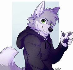 a drawing of a wolf wearing a hoodie and pointing to the side with his right hand