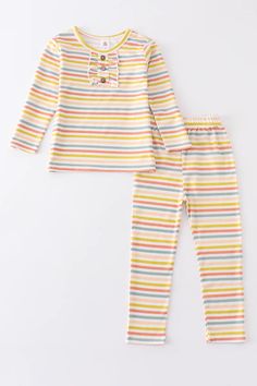 This multicolored striped bamboo pajamas set is the perfect bedtime look! Whether you're lounging around the house or catching some z's, you'll love the comfortable and soft fabric, bright colors, and fashionable stripes. Sweet dreams, indeed! 95% Bamboo Viscose 5% Spandex Spring Striped Sleepwear For Bedtime, Striped Spring Sleepwear For Bedtime, Striped Sleepwear For Spring Sleepover, Casual Striped Sleepwear For Sleepover, Spring Striped Sleepwear For Loungewear, Striped Sleepwear For Spring Loungewear, Striped Sleepwear For Spring Lounging, Striped Sets For Spring Loungewear, Casual Striped Pajama Party Sets