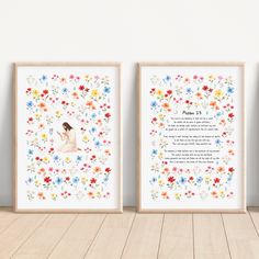 two framed art prints with flowers and a woman's profile on the left side