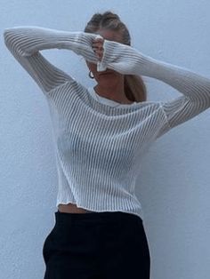 ⚡️Buy Striped See-Through Long Sleeve Top White S under $28.00 in Knits Online. Style: Casual/Street/Sweet/Y2K/Vintage/Basics. Fabric Content: Polyester Blend. Fit Type: Regular fit. Neckline: Crew Neck. Sleeve Length: Long Sleeve. : Crafted from breathable lightweight knit fabric, these staple knit tops cut to a fitted silhouette, features distressed design. It's perfect for chilly going out vibes.. ✓Free Shipping on all orders over US$69. Rib Knit Top, Autumn T Shirts, Sheer Long Sleeve, Denim Outerwear, Knit Tops, Floral Dress Summer, Daily Look, Floral Dress Black, Cocktail Dress Party