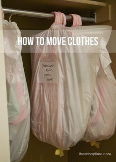 two plastic bags are hanging on the clothes rack with text overlay that says how to move clothes