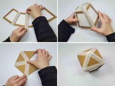 four pictures showing how to fold an origami box