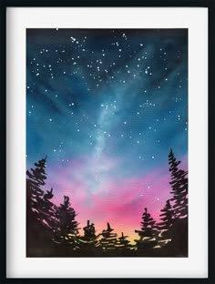 a painting of the night sky with stars and trees