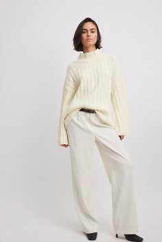 Turtle Neck Knitted Wide Rib Sweater Offwhite | NA-KD Rib Sweater, Ribbed Turtleneck, Future Fashion, Knitwear Cardigan, Knitted Jumper, Wide Sleeves, Ribbed Sweater, Na Kd, Knit Cardigan