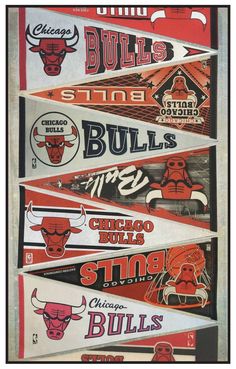 chicago bulls pennants are hanging on the wall