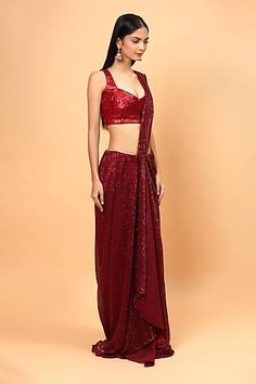 Shop for Neha Khullar Lycra Pre-draped Saree With Embroidered Blouse for Women Online at Aza Fashions Draped Saree, Net Embroidery, Drape Saree, Sequin Embroidery, Pattern Embroidery, Blouse For Women, Red Sequin, Sequins Embroidery, Saree With Blouse