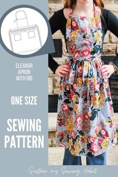 a woman wearing an apron with the sewing pattern on it and text that says, one size sewing pattern