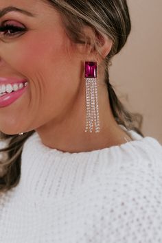 The most elegant piece to elevate any look! Dangle style Rhinestone tassels Pink gemstone Post backing Everyday Chic, Pink Gemstones, Chic Boutique, Tassels, Dangle Earrings, Gemstones, Pink