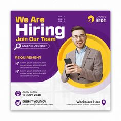 a purple and yellow business flyer with a man holding a cell phone in his hand