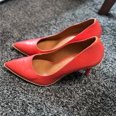 Coach Leather Low Heels Size 9.5 - Orange Red - Yes! Slip These On These With That Red Or Orange Or Nude Lipstick ! Gorgeous! Nude Lipstick, Coach Leather, Coach Shoes, Orange Red, Low Heels, Burnt Orange, Red Color, Shoes Women Heels, Shoes Heels