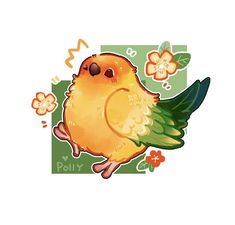 a small yellow bird sitting on top of a green and white flowered background with the word polly written below it