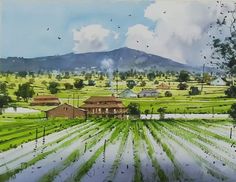 a painting of a farm with mountains in the background