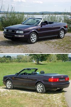 two pictures of the same convertible car in different stages of being parked on grass next to each other