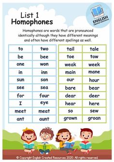 an english worksheet with the words list for homophones and two children reading books