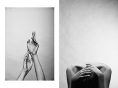 two photographs of hands reaching up to each other, one in black and white the other in color