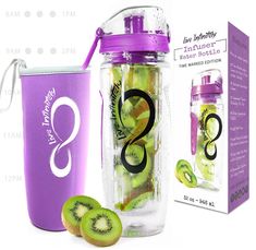 a purple water bottle with kiwi slices in front of it and the box next to it