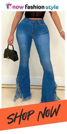 Blue Fashion Casual Solid Tassel High Waist Boot Cut Denim Jeans Casual Denim Blue Jeans With Fringe, Spring Medium Wash Jeans With Fringe, Spring Fringe Jeans In Medium Wash, Spring Fringe Medium Wash Jeans, Blue Flare Jeans With Frayed Hem For Fall, Casual Medium Wash Jeans With Fringe, Casual High-waist Jeans With Fringe, Casual Medium Wash Fringe Jeans, Casual Medium Wash Fringed Jeans