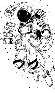 an astronaut floating in the air with space shuttles and other objects around him, black and white drawing