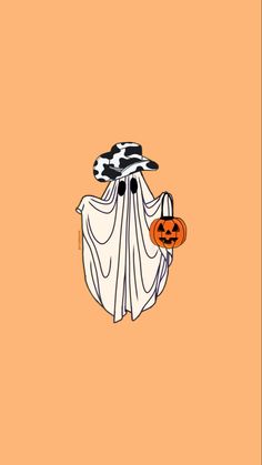 an orange background with a black and white ghost holding a jack - o'- lantern