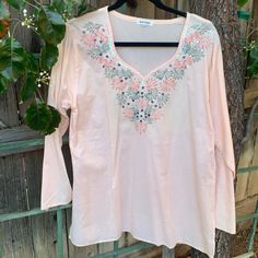 Beautiful Beaded & Embroidered Blouse New Without Tags Beaded Long Sleeve Summer Blouse, Long Sleeve Embroidered Top For Summer, Casual Beaded Long Sleeve Top, Casual Long Sleeve Beaded Top, Summer Embellished Multicolor Embroidered Top, Pink Embellished Bohemian Top, Embellished Long Sleeve Summer Tops, Summer Beaded V-neck Tops, Summer V-neck Beaded Top