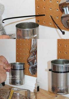 three pictures showing how to use tin cans as holders