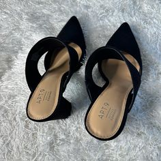 Black Suede Mules, Never Worn - No Tags But Comes With The Box! Black Mules With 4-inch Block Heel, Chic Black Low Heel Mules, Chic Black Mules For Workwear, Chic Black Mules For Office, Chic Black Low Heel Heels, Black Mules For Party, Medium Width, Chic Black Mules With Stacked Heel, Chic Black Pointed Toe Mules, Black Mules With Wrapped Heel And Medium Width