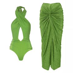 a lime green one piece swimsuit next to an image of a women's bathing suit