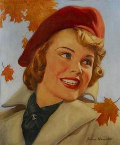 a painting of a woman wearing a red hat and coat with autumn leaves on it