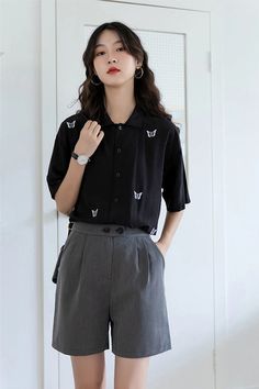 Butterfly Embroidered Button Up Shirt – Tomscloth Embroidered Collared Tops For Work, Casual Embroidered Collared Tops, Casual Embroidered Collared Shirt, Short Sleeve Embroidered Shirt For Work, Embroidered Black Collared Shirt, Black Embroidered Collared Shirt, Black Embroidered Top With Collar, Casual Embroidered Collared Blouse, Casual Collared Blouse With Embroidery