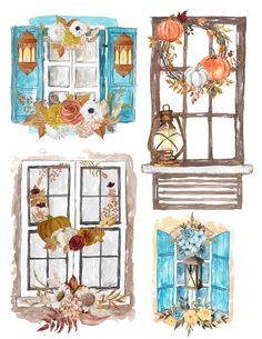 watercolor paintings of windows with flowers and pumpkins on the windowsill, one is blue