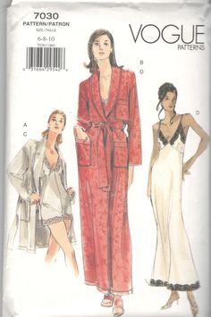 Vogue 7030, Misses Robe, Belt, Teddy and Nightgown:  Very loose-fitting, straight, wrap robe, above mid-knee or below ankle, hs collar, dropped shoulder, pockets, carriers, belt and long sleves with narrow hem.  Fitted teddy, mini length or bias ngithgown, below ankle, has shoulder straps and back cutton/loop cloisng. C: side slits.  Purchased trims. Copyright 1999 Size:      12 - 14 - 16 Bust:      34 - 36 - 38 Waist:    26 1/2 - 28 - 30 Hip:       36 - 38 - 40 This pattern is uncut and factory Mccalls Dress Patterns, 1990s Vogue, Nightgown Pattern, Plus Size Summer Fashion, Fashion Artwork, Sewing Lingerie, Vintage Dress Patterns, Vogue Patterns, Nightgowns For Women