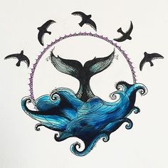 a drawing of a whale with birds flying around it