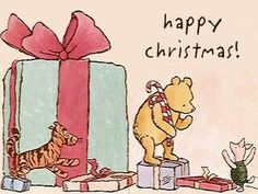 a winnie the pooh christmas card with a gift box and a tiger standing next to it